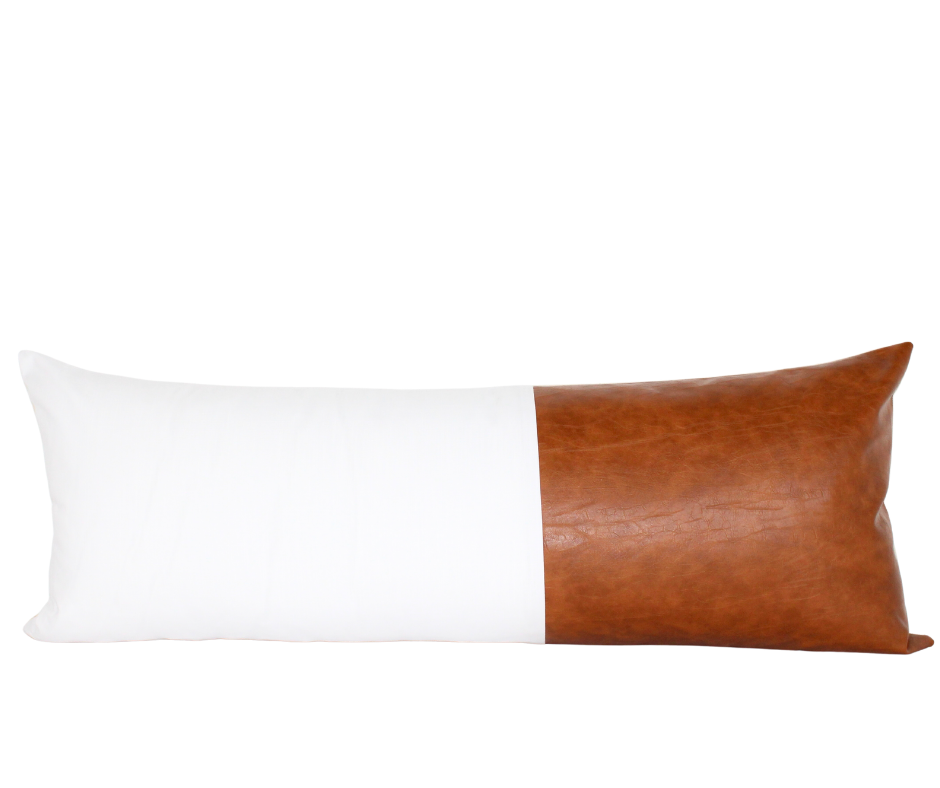 White linen with Bronze Leather Lumbar Cover Pillow