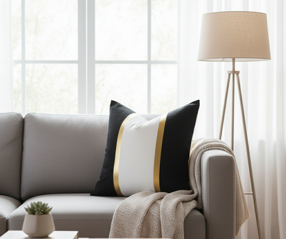 Black and White Gold Stripe Throw Pillow