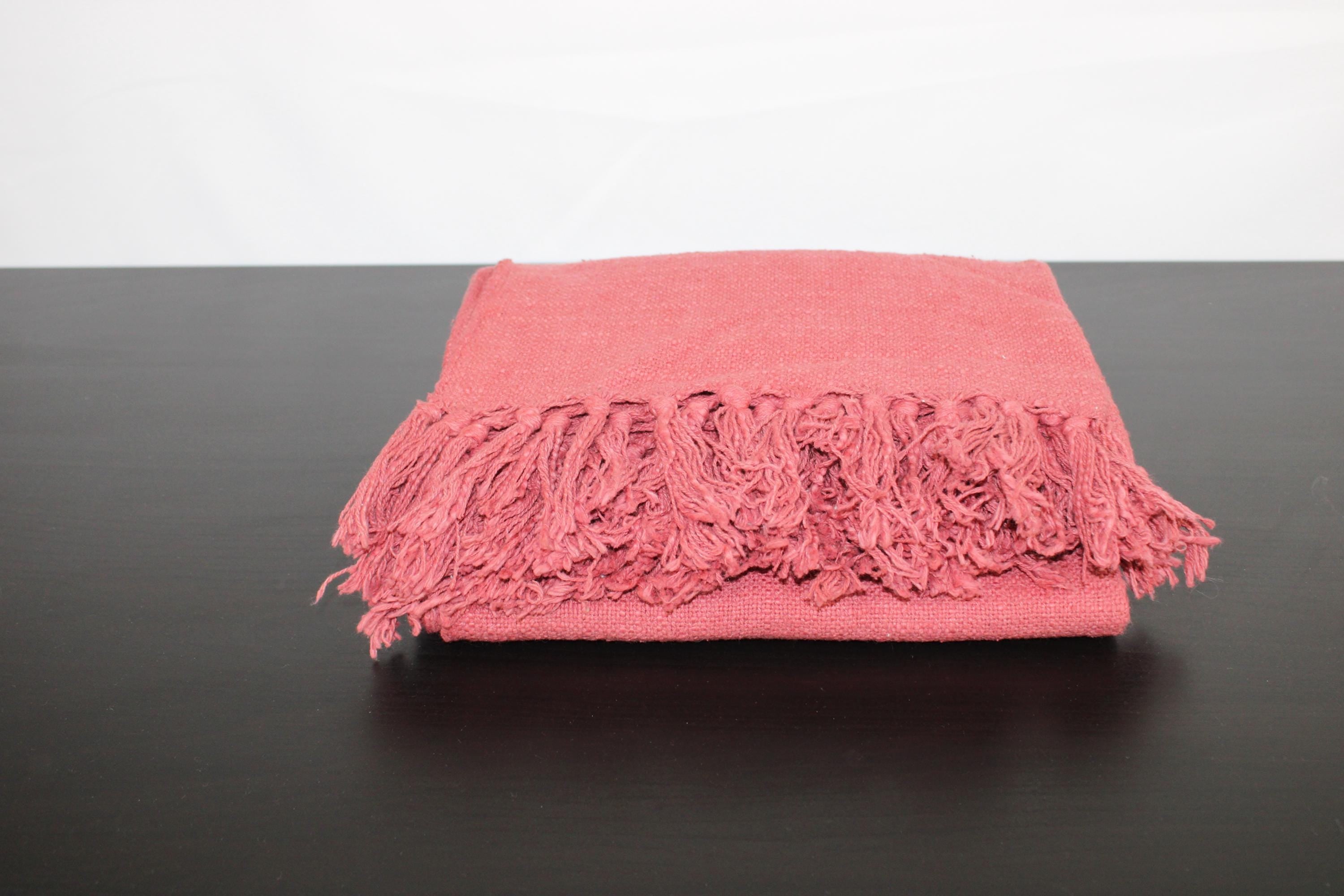 Hand-Loomed Cotton Throw Blanket: Rust Red Fringe, Made in India