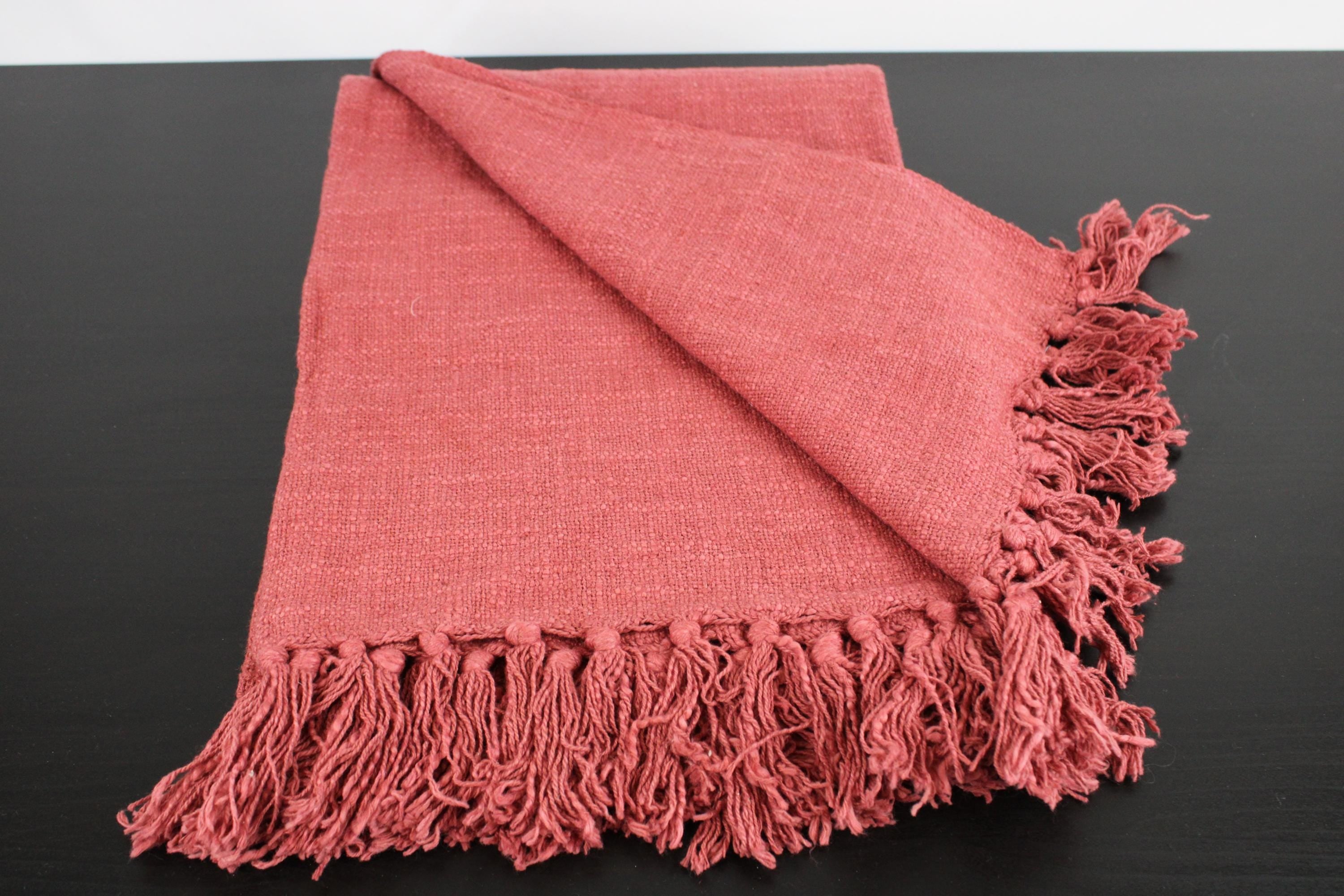 Hand-Loomed Cotton Throw Blanket: Rust Red Fringe, Made in India