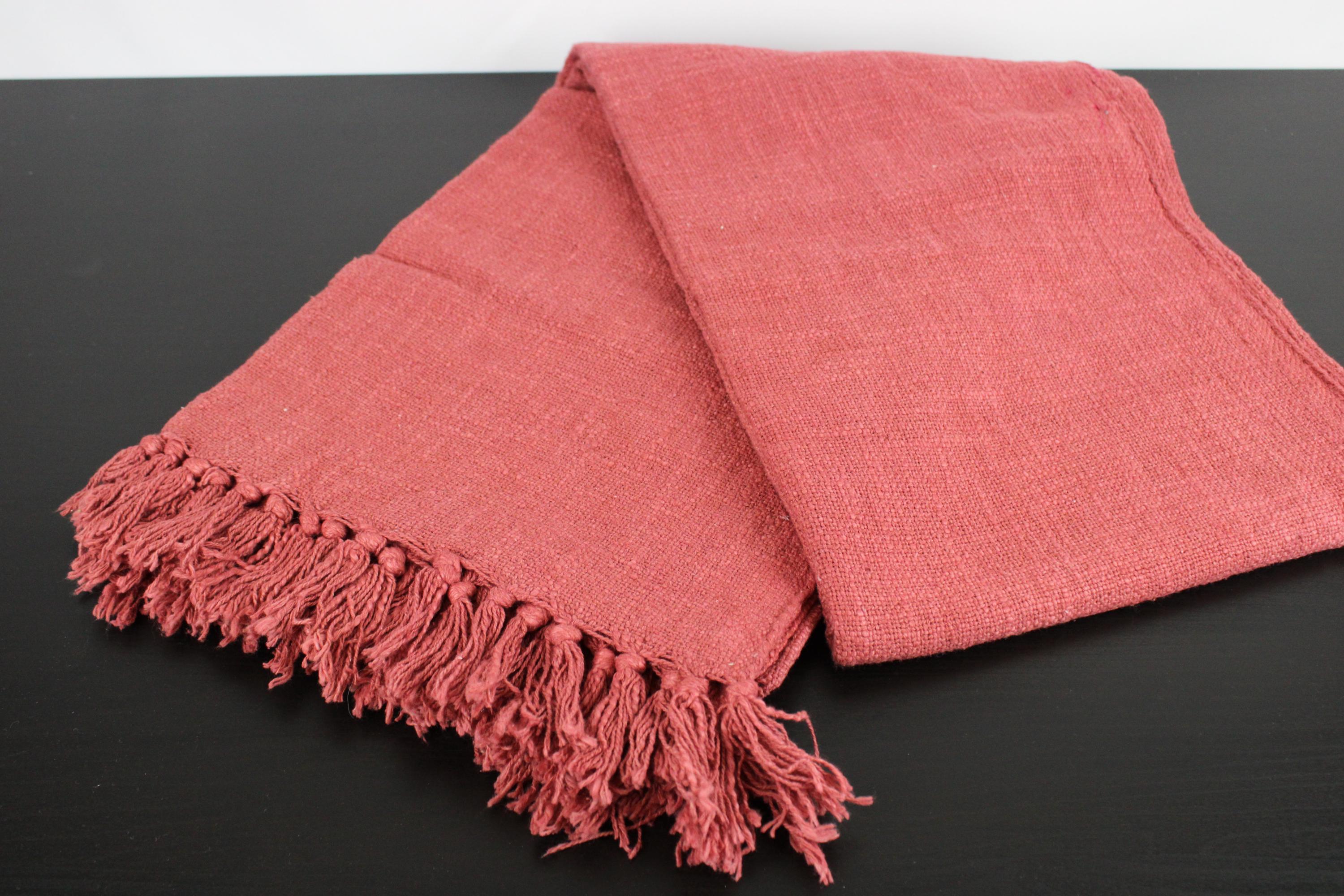 Hand-Loomed Cotton Throw Blanket: Rust Red Fringe, Made in India