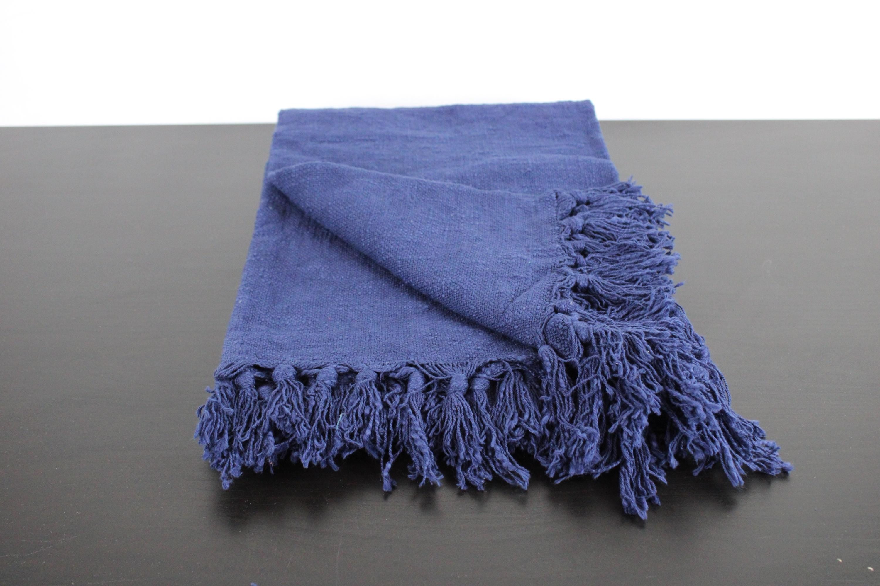 Indigo Blue Hand-Loomed Cotton Throw with Fringe – 50x60" | Minimalist Boho Blanket | Modcloth Fabric