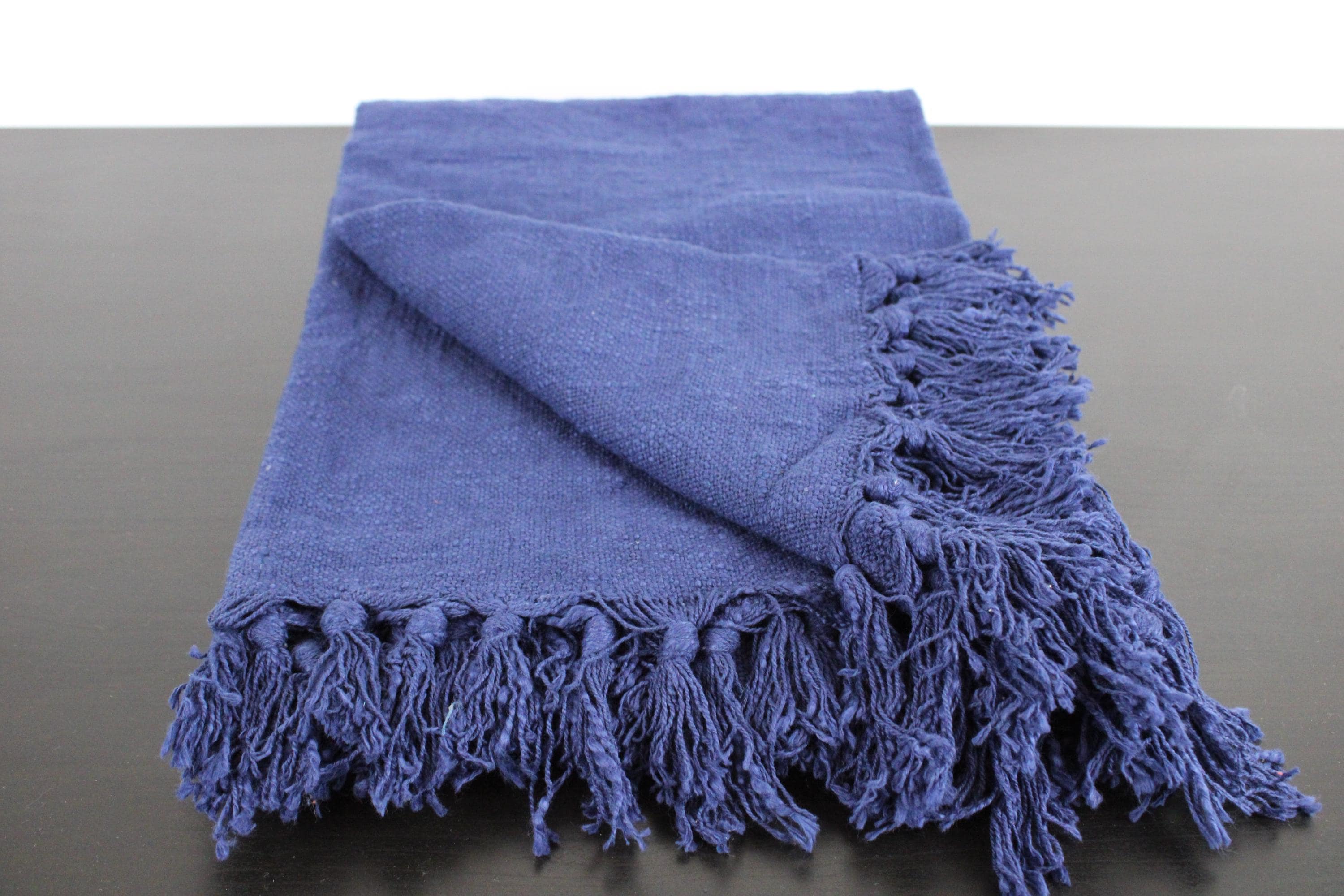 Indigo Blue Hand-Loomed Cotton Throw with Fringe – 50x60" | Minimalist Boho Blanket | Modcloth Fabric