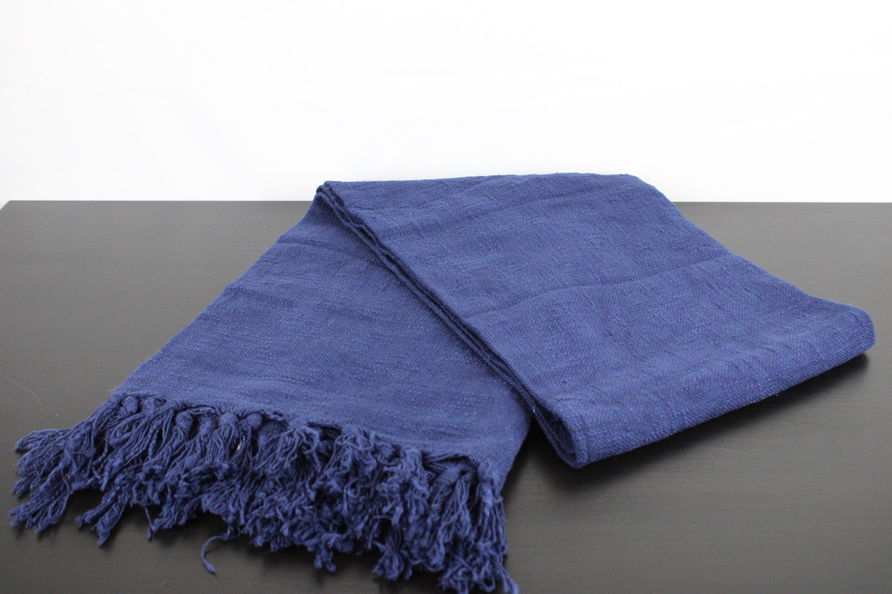 Indigo Blue Hand-Loomed Cotton Throw with Fringe – 50x60" | Minimalist Boho Blanket | Modcloth Fabric