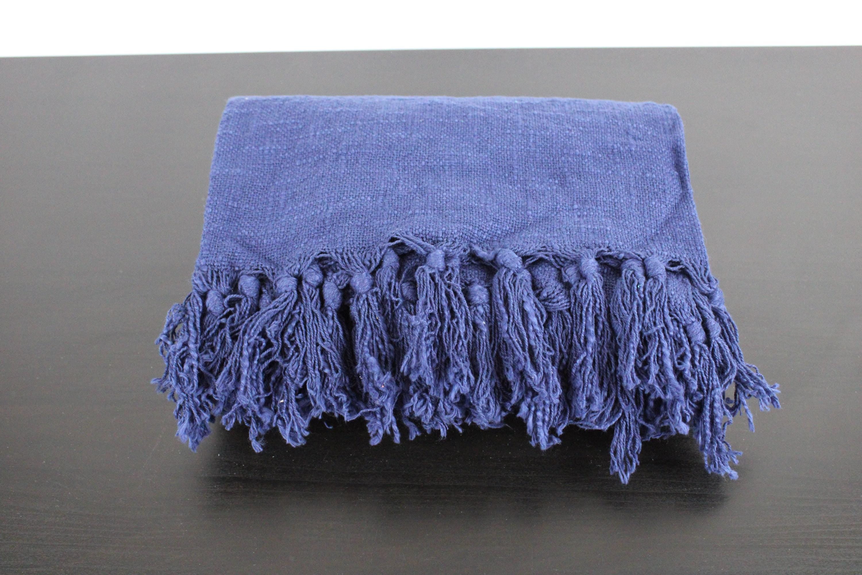 Indigo Blue Hand-Loomed Cotton Throw with Fringe – 50x60" | Minimalist Boho Blanket | Modcloth Fabric