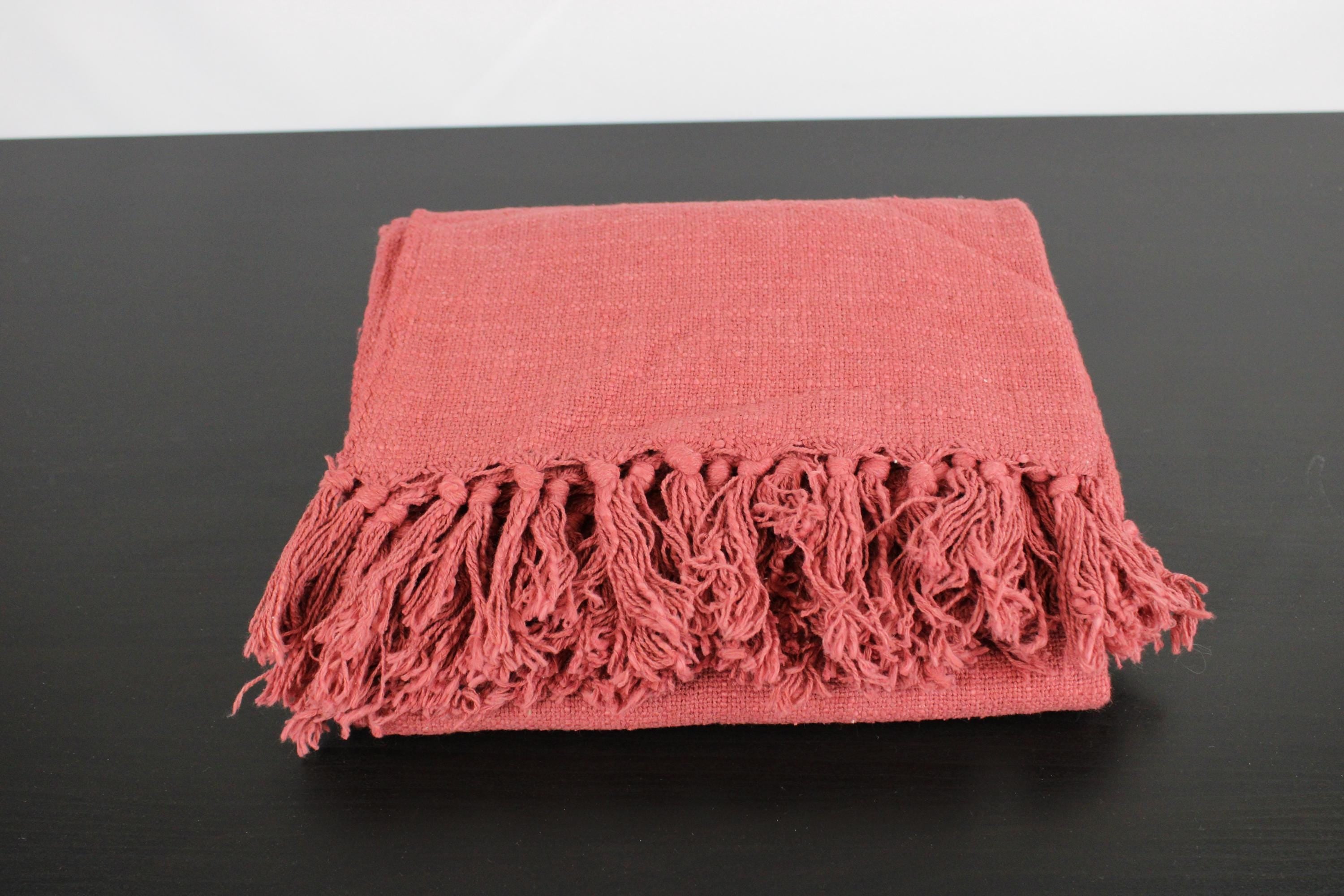 Hand-Loomed Cotton Throw Blanket: Rust Red Fringe, Made in India